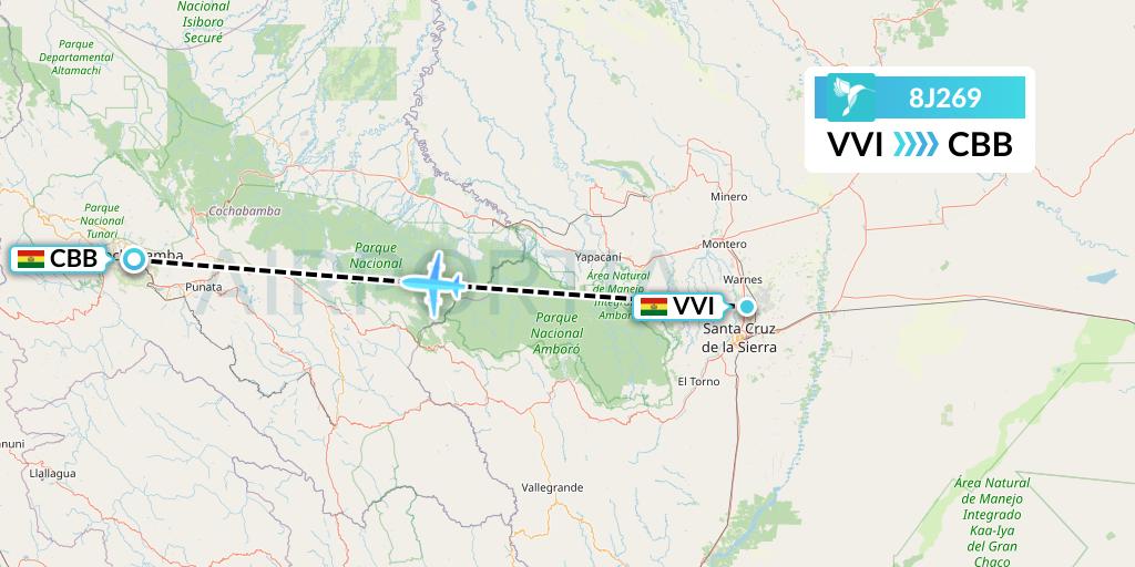 8J269 EcoJet Flight Map: Santa Cruz to Cochabamba