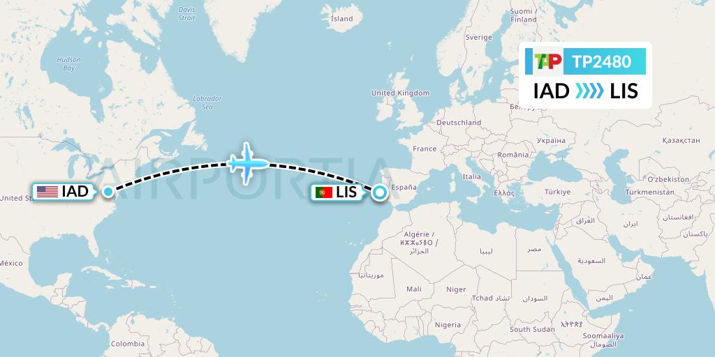 TP2480 TAP Portugal Flight Map: Washington to Lisbon