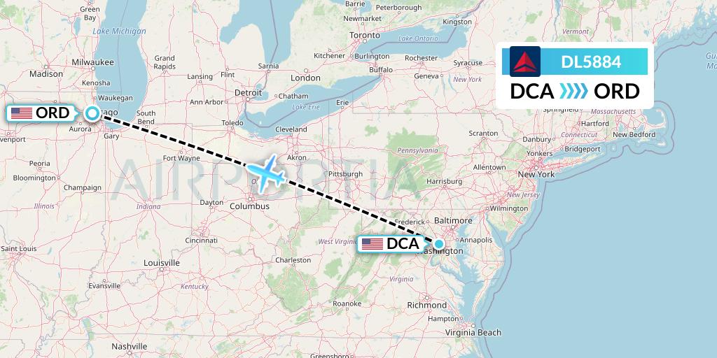 DL5884 Delta Air Lines Flight Map: Washington to Chicago