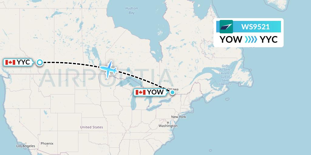 WS9521 WestJet Flight Map: Ottawa to Calgary
