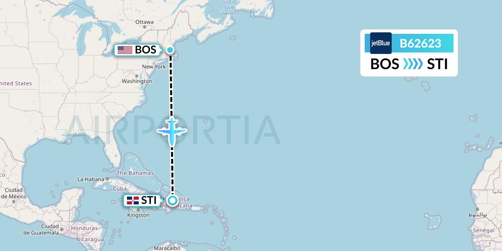 B62623 JetBlue Airways Flight Map: Boston to Santiago de los Caballeros
