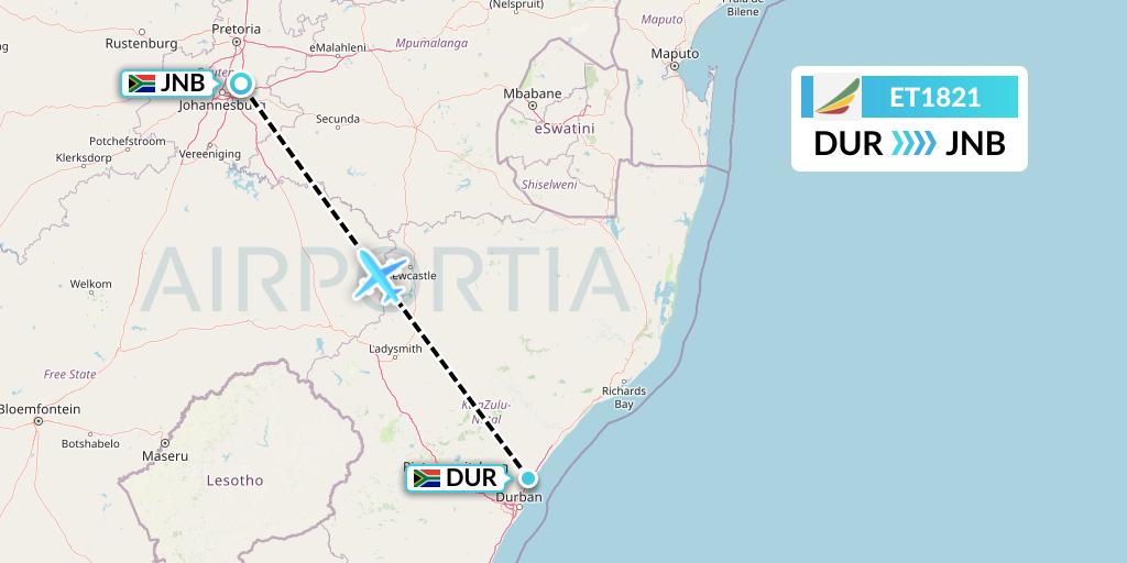 ET1821 Ethiopian Airlines Flight Map: Durban to Johannesburg