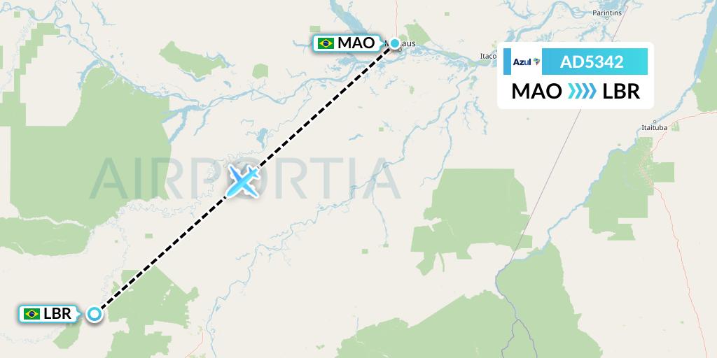 AD5342 Azul Brazilian Airlines Flight Map: Manaus to Labrea