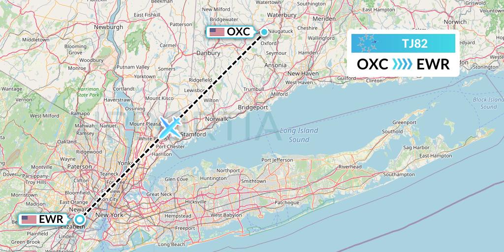 TJ82 Tradewind Aviation Flight Map: Oxford to New York