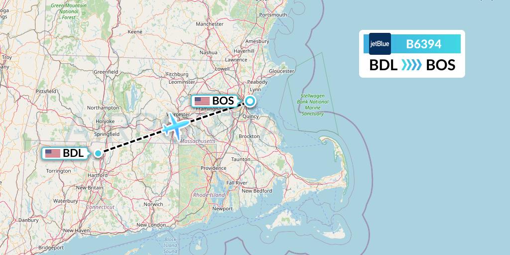 B6394 JetBlue Airways Flight Map: Windsor Locks to Boston