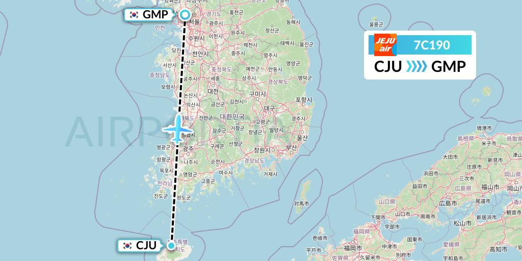 7C190 Jeju Air Flight Map: Jeju to Seoul
