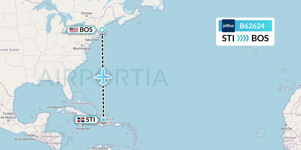 B62624 JetBlue Airways Flight Map: Santiago de los Caballeros to Boston