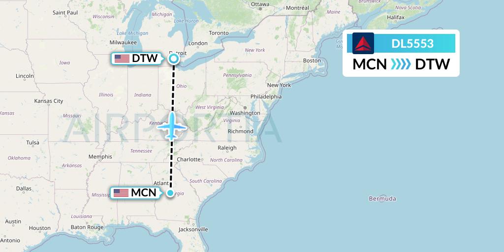 DL5553 Delta Air Lines Flight Map: Macon to Detroit