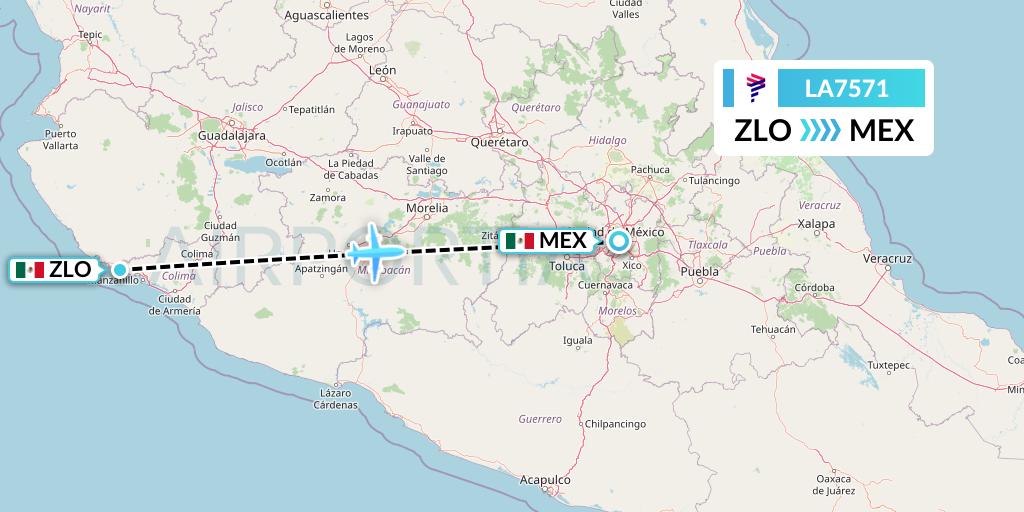 LA7571 LAN Airlines Flight Map: Manzanillo to Mexico City