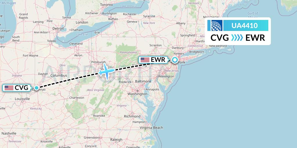 UA4410 United Airlines Flight Map: Cincinnati to New York