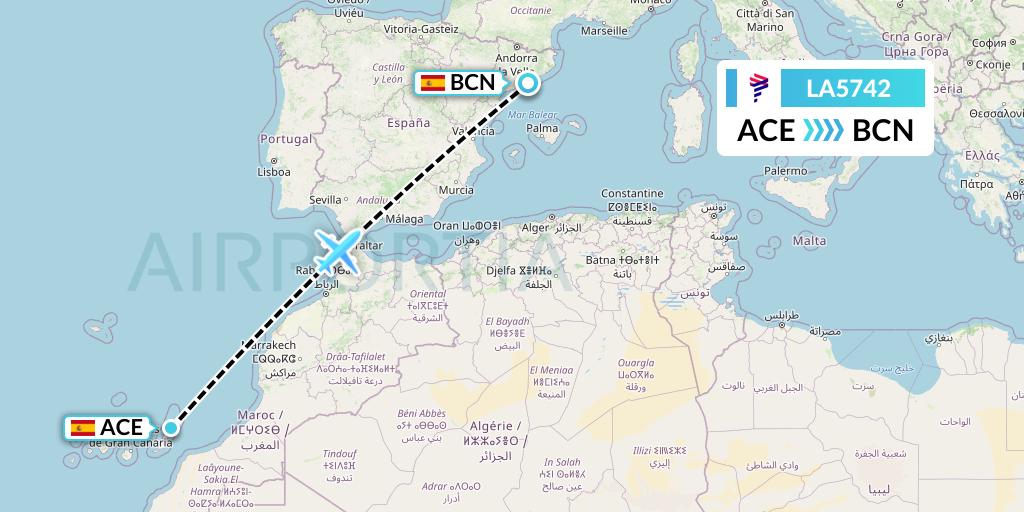 LA5742 LAN Airlines Flight Map: Lanzarote to Barcelona