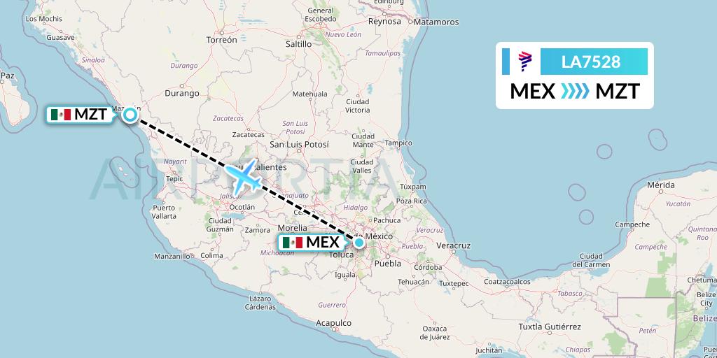 LA7528 LAN Airlines Flight Map: Mexico City to Mazatlan