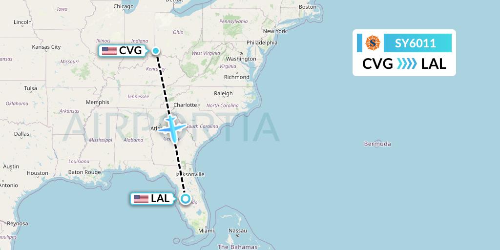 SY6011 Sun Country Airlines Flight Map: Cincinnati to Lakeland