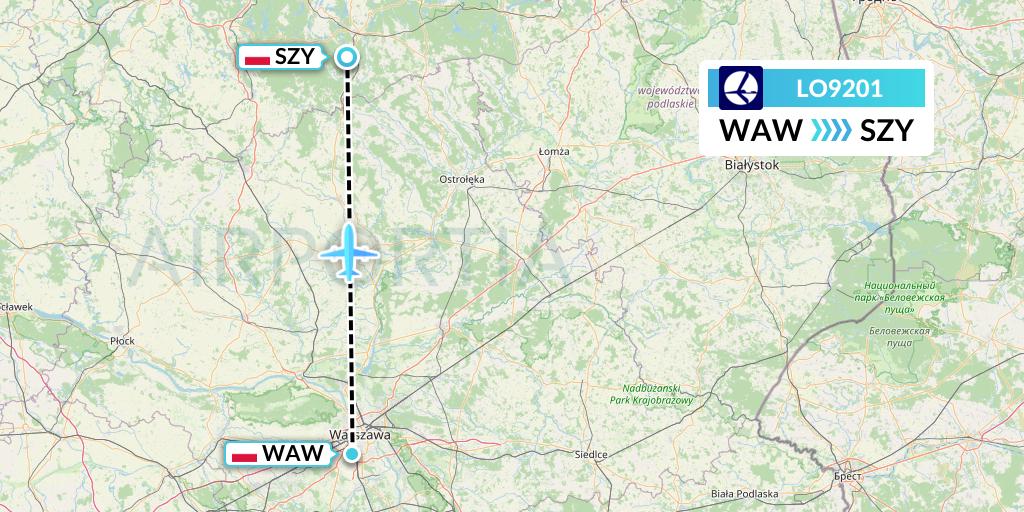 LO9201 LOT Flight Map: Warsaw to Olsztyn