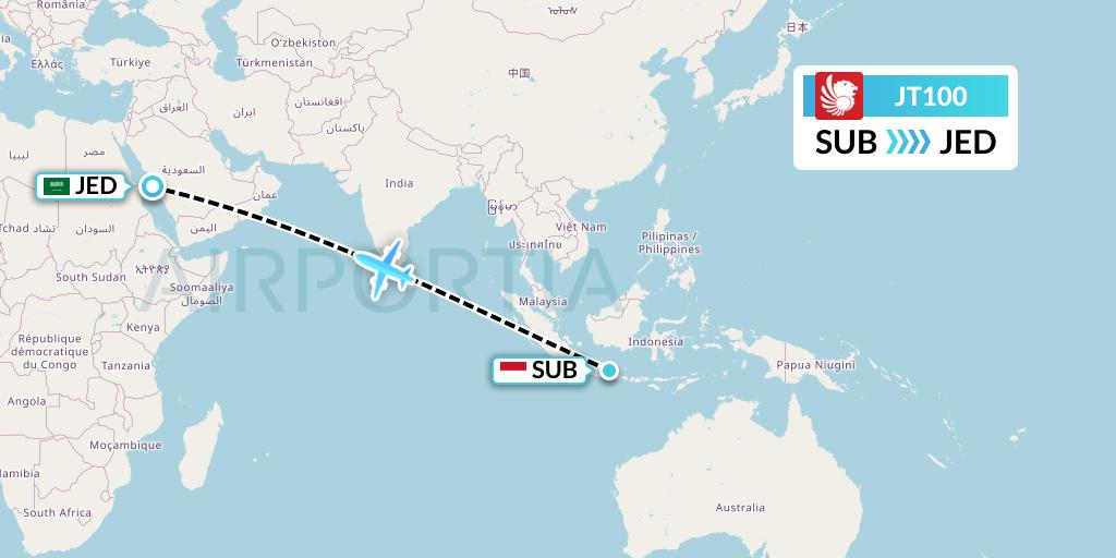 JT100 Lion Airlines Flight Map: Surabaya to Jeddah