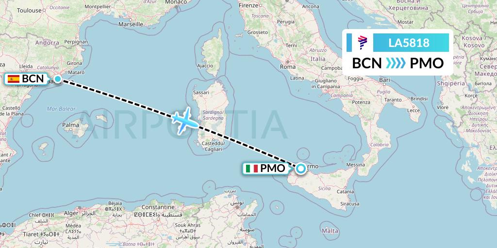 LA5818 LAN Airlines Flight Map: Barcelona to Palermo