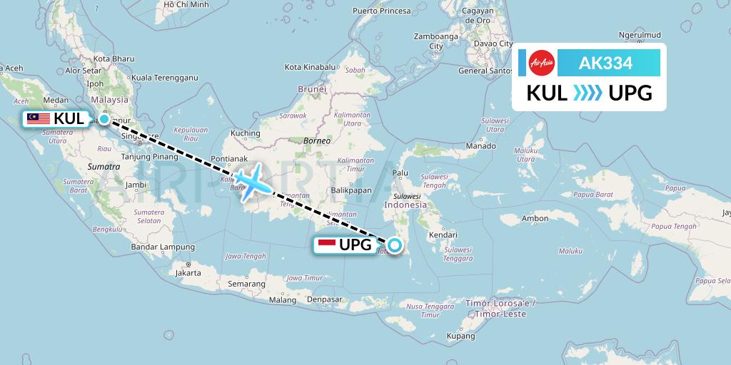 AK334 AirAsia Flight Map: Kuala Lumpur to Makassar
