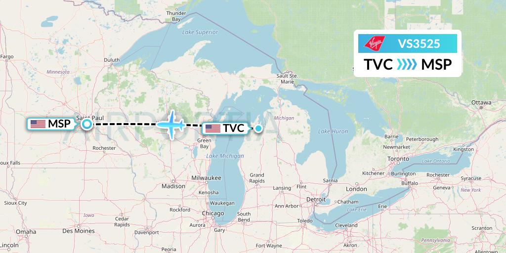 VS3525 Virgin Atlantic Airways Flight Map: Traverse City to Minneapolis