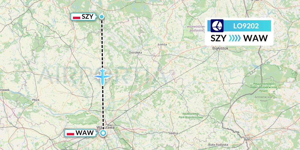 LO9202 LOT Flight Map: Olsztyn to Warsaw