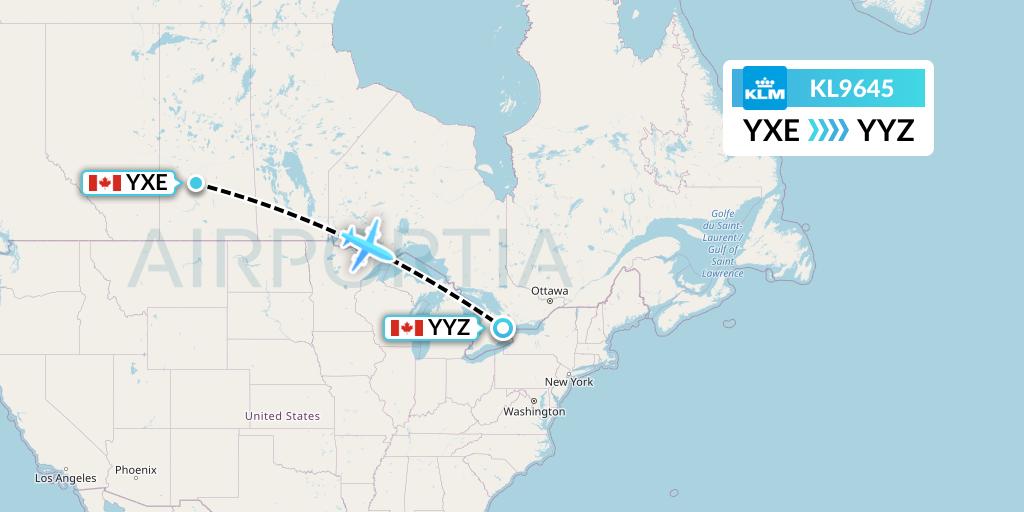 KL9645 KLM Flight Map: Saskatoon to Toronto