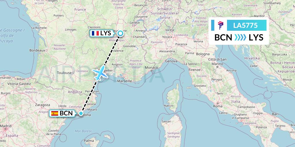 LA5775 LAN Airlines Flight Map: Barcelona to Lyon