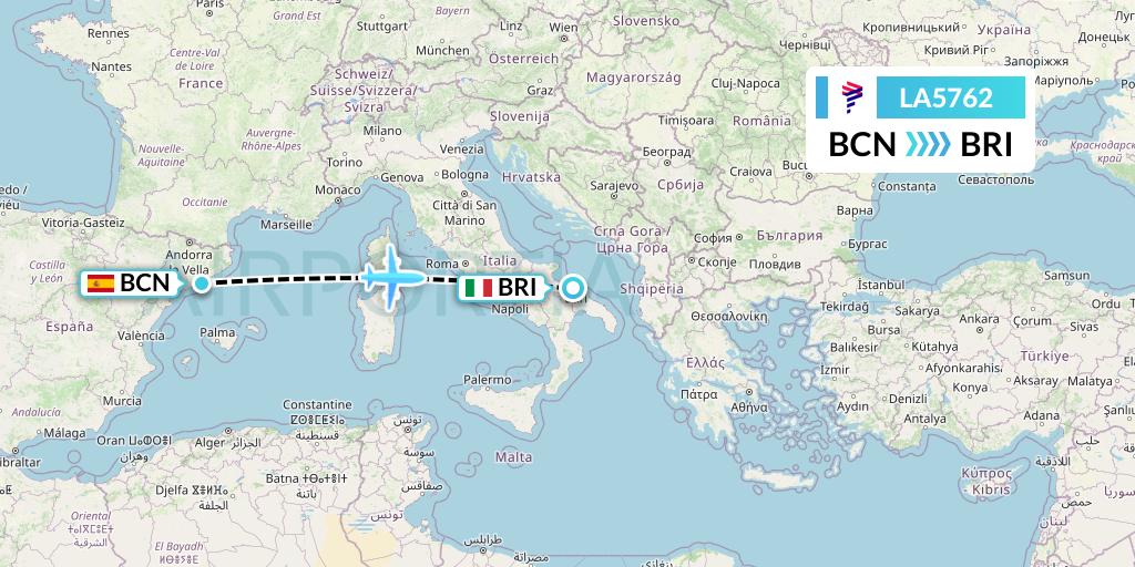 LA5762 LAN Airlines Flight Map: Barcelona to Bari