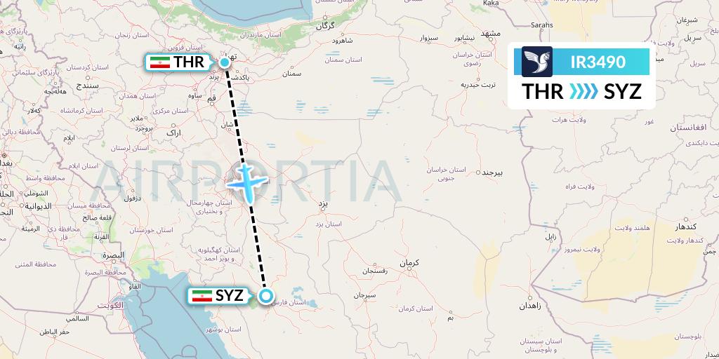 IR3490 Iran Air Flight Map: Tehran to Shiraz