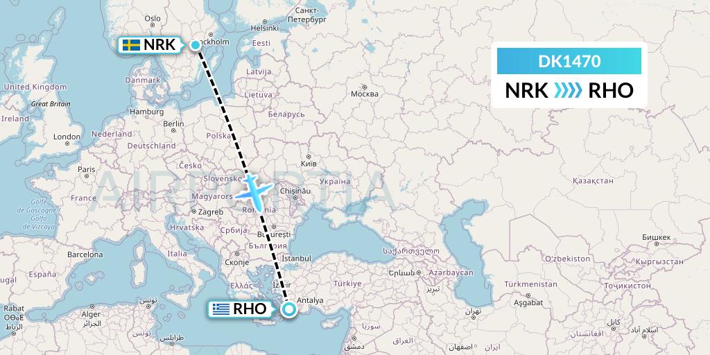 DK1470 Thomas Cook Airlines Scandinavia Flight Map: Norrkoping to Rhodes