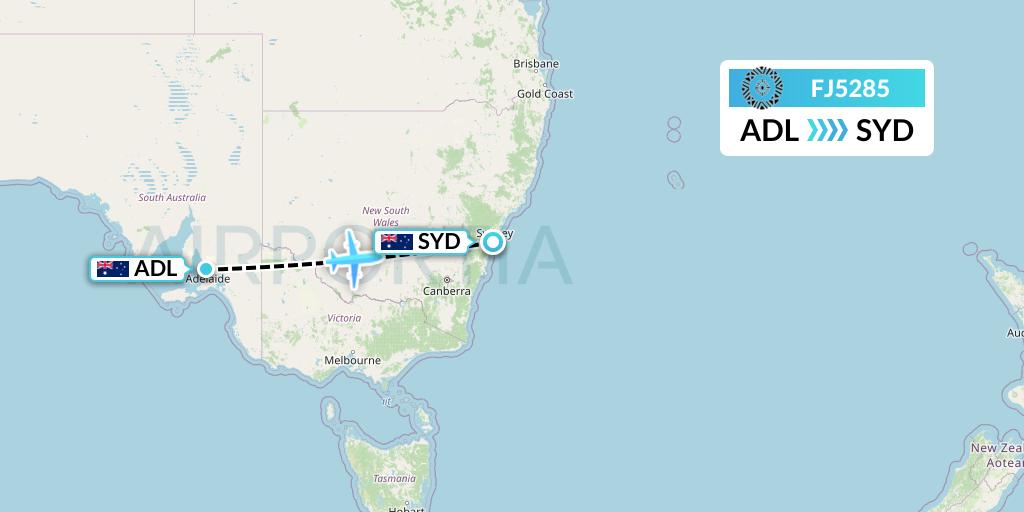 FJ5285 Fiji Airways Flight Map: Adelaide to Sydney