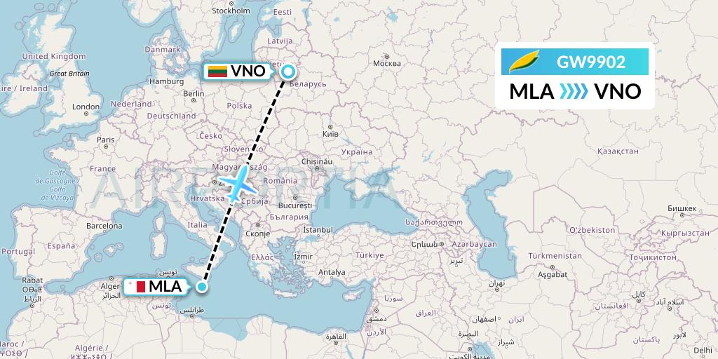 GW9902 GetJet Airlines Flight Map: Malta to Vilnius
