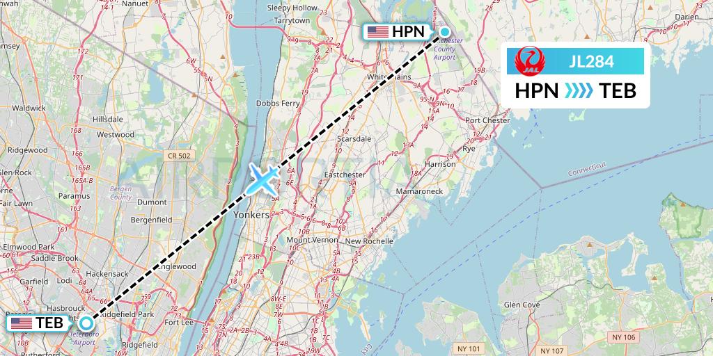 JL284 Japan Airlines Flight Map: White Plains to Teterboro