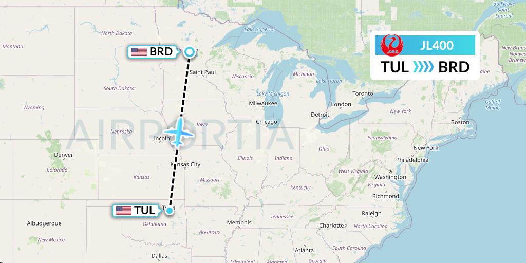 JL400 Japan Airlines Flight Map: Tulsa to Brainerd