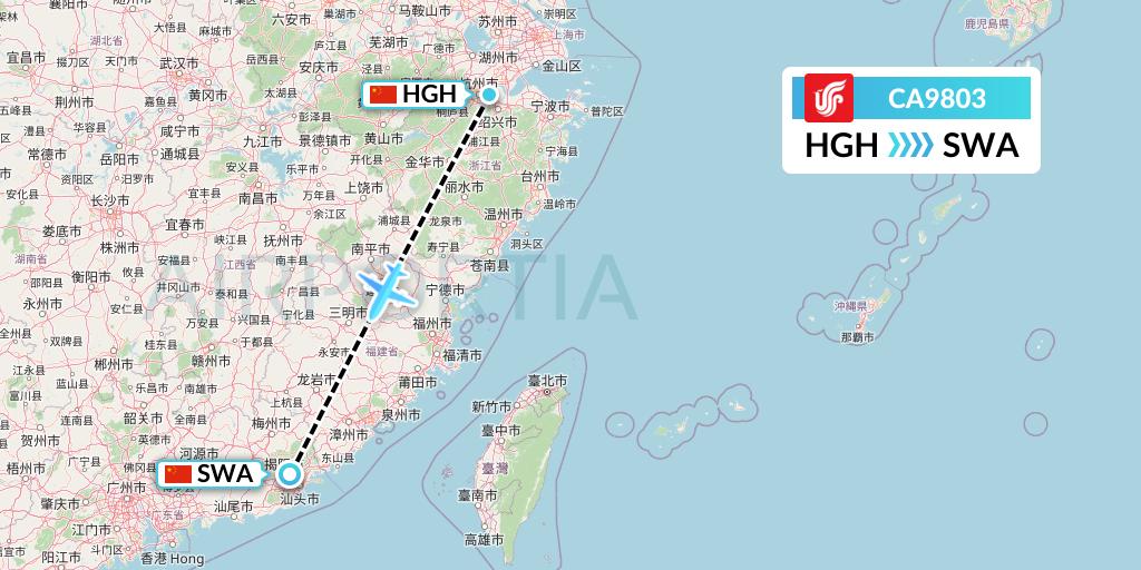 CA9803 Air China Flight Map: Hangzhou to Jieyang