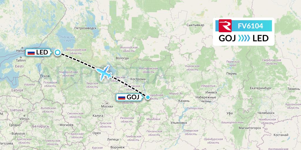 FV6104 Rossiya Flight Map: Nizhny Novgorod to St. Petersburg
