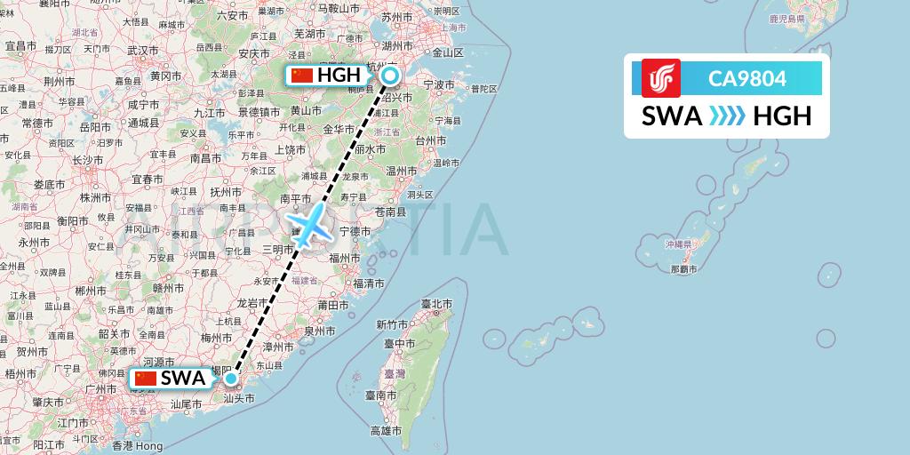 CA9804 Air China Flight Map: Jieyang to Hangzhou