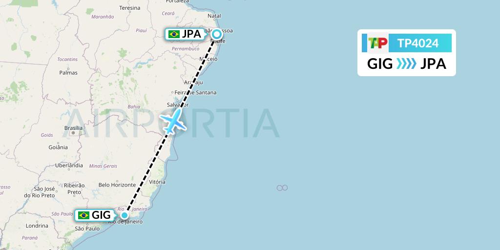 TP4024 TAP Portugal Flight Map: Rio de Janeiro to Joao Pessoa