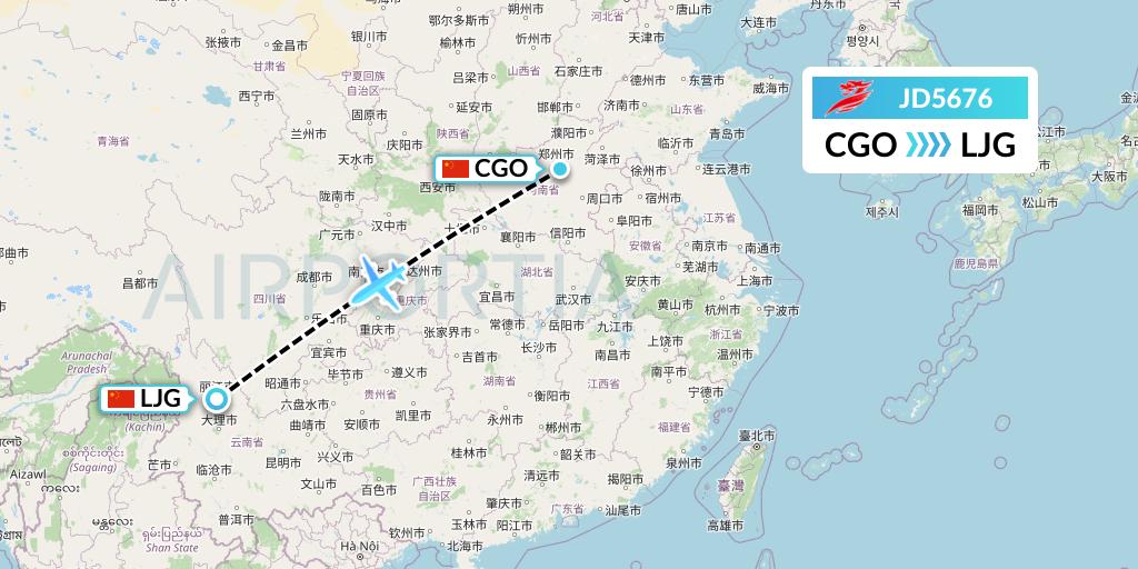 JD5676 Capital Airlines Flight Map: Zhengzhou to Lijiang