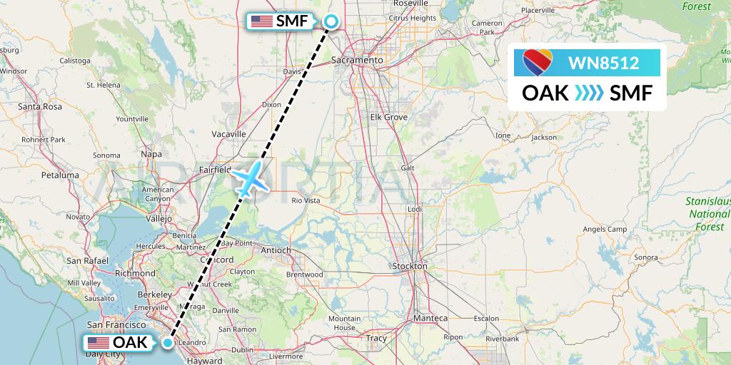 WN8512 Southwest Airlines Flight Map: Oakland to Sacramento