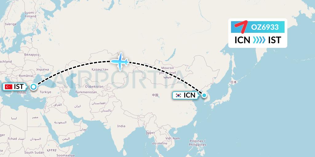 OZ6933 Asiana Airlines Flight Map: Seoul to Istanbul