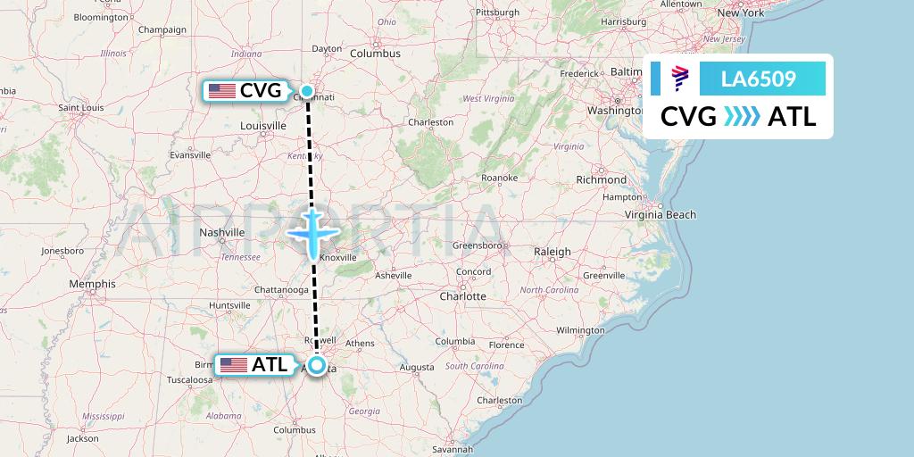 LA6509 LAN Airlines Flight Map: Cincinnati to Atlanta