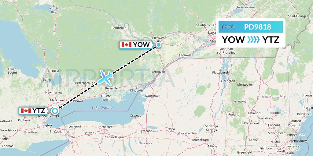 PD9818 Porter Airlines Flight Map: Ottawa to Toronto