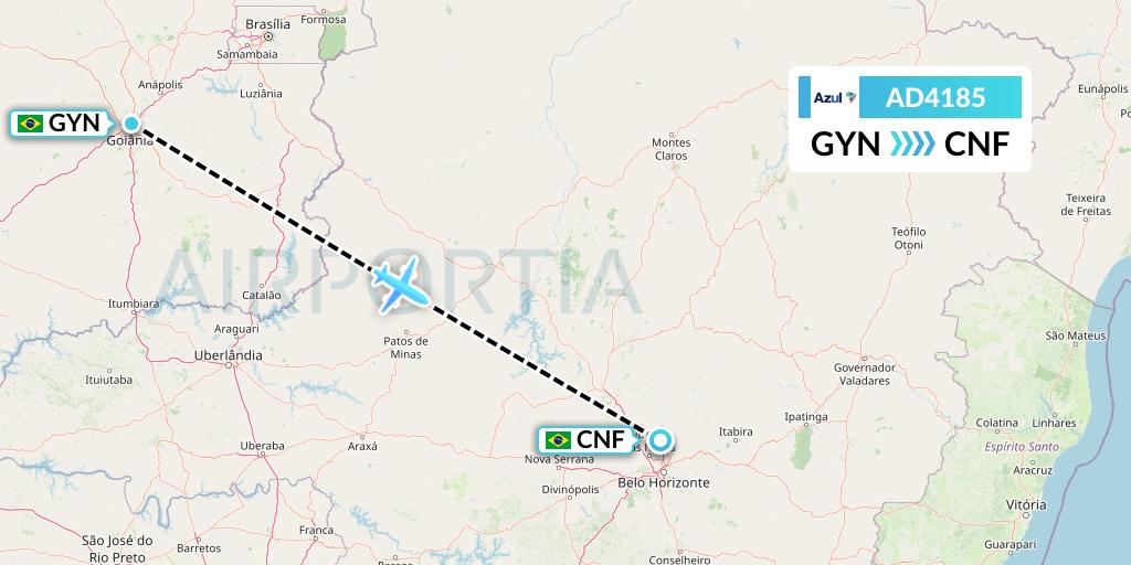 AD4185 Azul Brazilian Airlines Flight Map: Goiania to Belo Horizonte
