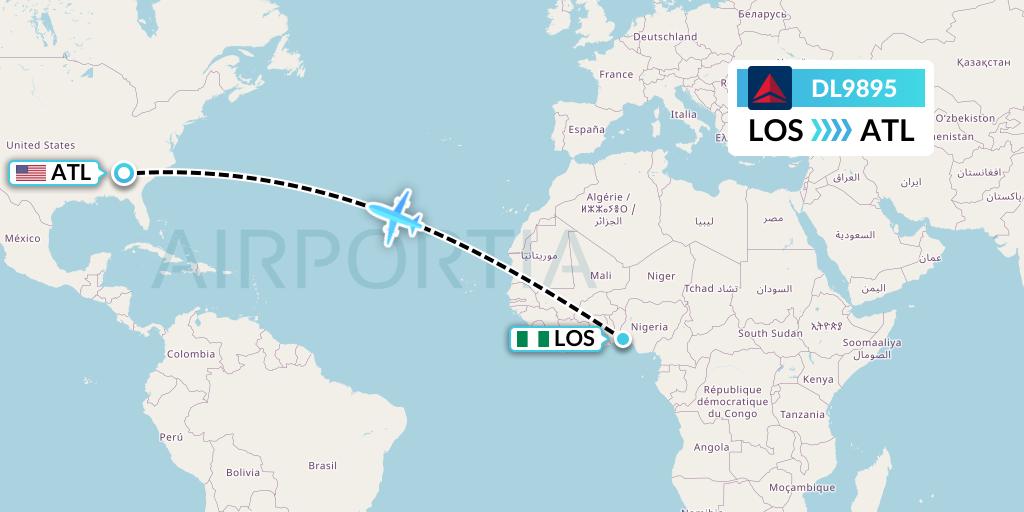 DL9895 Delta Air Lines Flight Map: Lagos to Atlanta