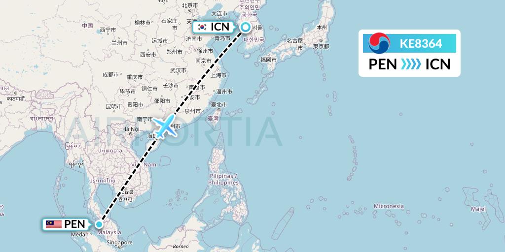 KE8364 Korean Air Flight Map: Penang to Seoul