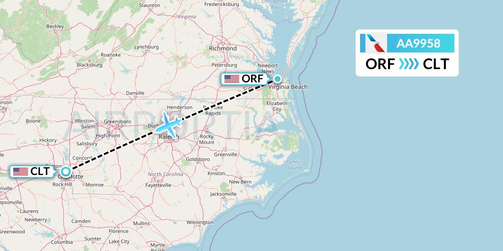 AA9958 American Airlines Flight Map: Norfolk to Charlotte