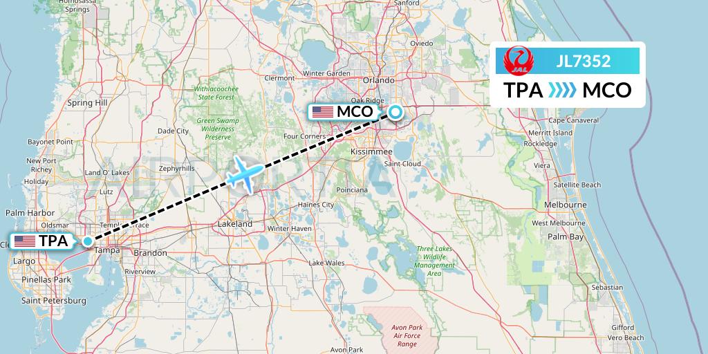 JL7352 Japan Airlines Flight Map: Tampa to Orlando
