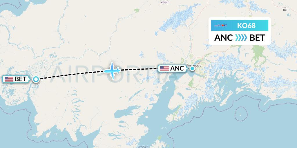 KO68 Komiaviatrans Flight Map: Anchorage to Bethel