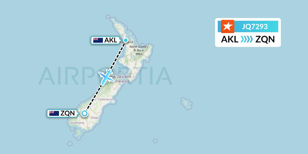 JQ7293 Jetstar Airways Flight Map: Auckland to Queenstown