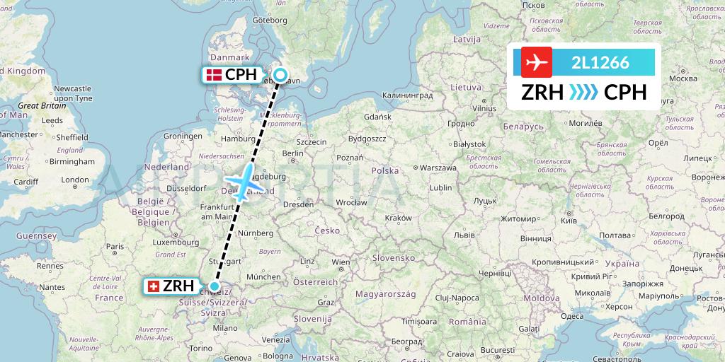 2L1266 Helvetic Airways Flight Map: Zurich to Copenhagen