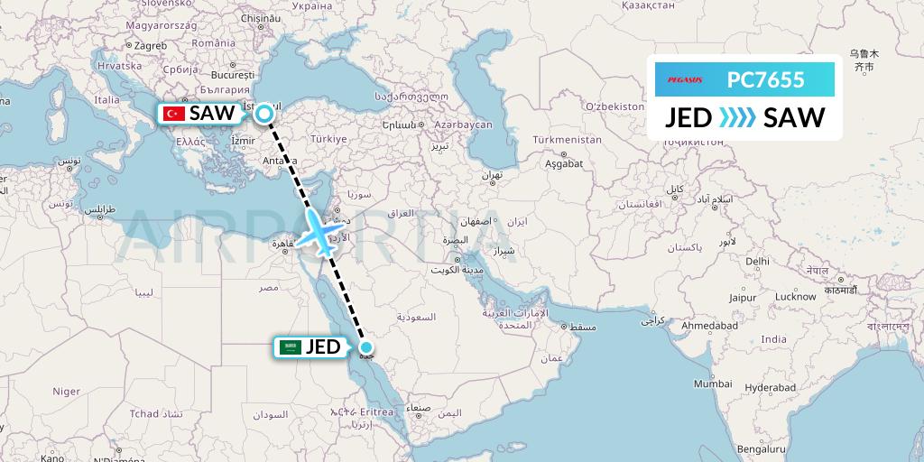 PC7655 Pegasus Airlines Flight Map: Jeddah to Istanbul
